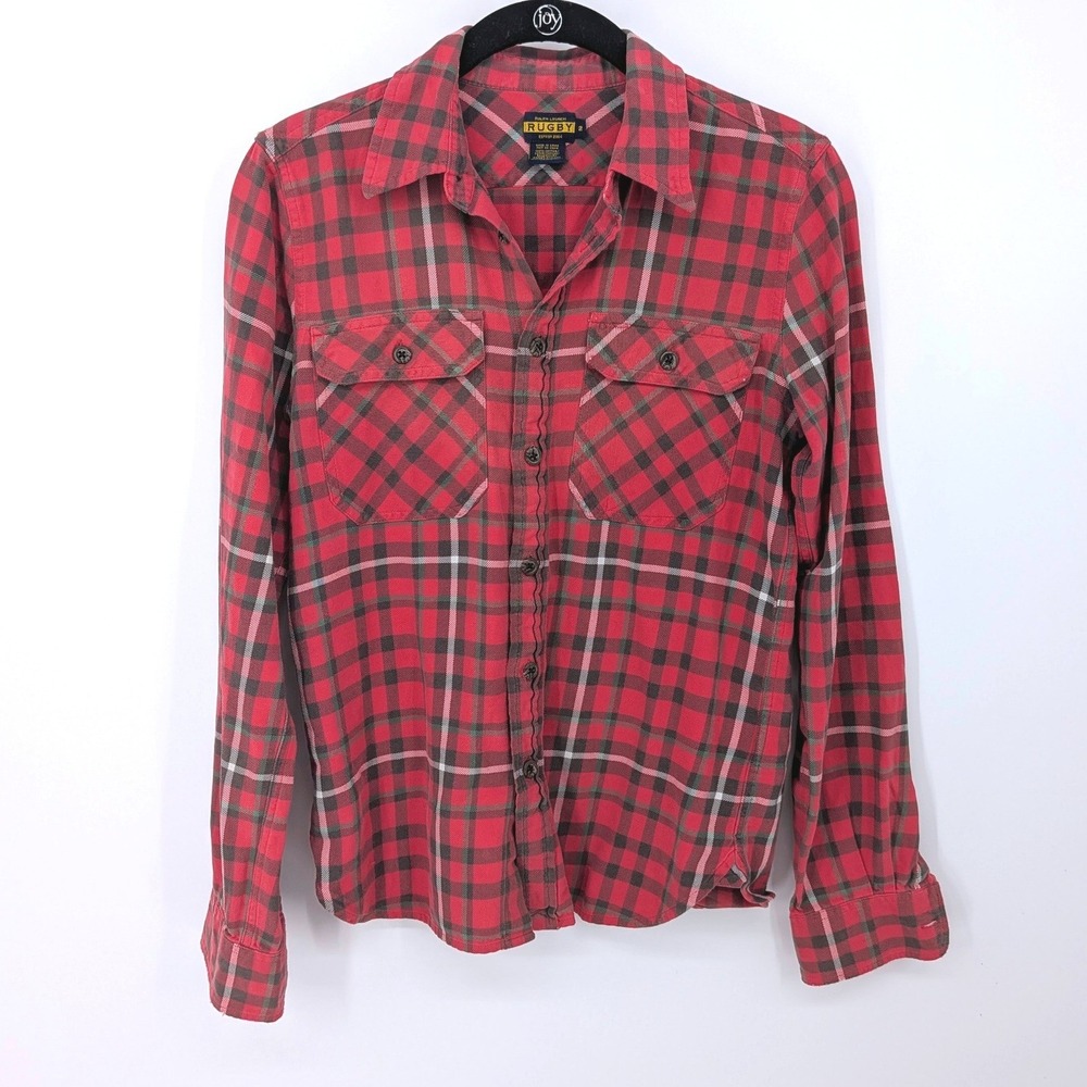 Ralph Lauren Rugby Button Down Shirt Women 2 Red Plaid Flannel Preppy Collegiate